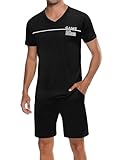 Marvmys Herren Schlafanzug Kurz Pyjama Baumwolle V-Ausschnitt Nightwear Sommer Nachtwäsche Pyjamaset Kurzarm T-Shirt Schlafanzughose Shorty