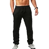 LONGPING Herren-Leinenhose, Leichte Lange Sommerhose, Einfarbig, Elastische Taille, Bequeme Freizeithose Mit Taschen, Palazzo-Hose for Den Urlaub Freizeithose(Noir,XL)