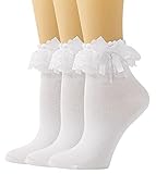 SEMOHOLLI Damen-Socken aus Baumwolle mit Rüschen im Prinzessinnen-Stil für Kleider mit einer Schleife auf der Oberseite - Weiß -