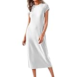 FUNRKLI Kleider für Damen 2025, Sommer, lässig, schmal, Rundhalsausschnitt, kurze Ärmel, einfarbig, T-Shirt, Strand, langes Maxikleid, Weiß, S