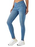 LaiEr Damen V Crossover Skinny Jeans Hohe Taille Bauchkontrolle Casual Fitness Leggings, Weich und elastisch Casual Faux Denim Print mit Seitentaschen(Light BlueXL)