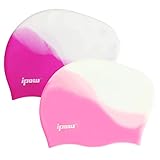 ipow Badekappe 2-Stück Silikon Bademütze Badehaube für Lange Haare gesund und warm Swim Cap (Weiß+Purple+Pink)