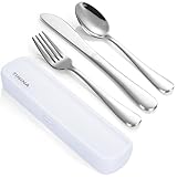 Camping Besteck, 4 Stück Edelstahl Reisebesteck mit Etui, Verstärktes Gehäuse mit Schnallen-Design, Campingbesteck für Outdoor, Reise, Arbeit, Schule, Spülmaschinenfest, Silber