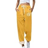 Fitness-Sport-Sweathose für Damen, Jogginghose, Fleece-gefütterte Leggings, hohe Taille, Thermostrumpfhose, lässige Winterhose 2025, Cargohose für Outdoor-Arbeit, Wandern, gelb, XXL