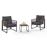 IDMarket - Gartenmöbel-Set Rio Tisch und 2 Sessel aus Metall, grau, Seil in dunkler Rattanoptik und graue Kissen