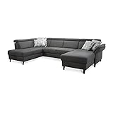 Cavadore Wohnlandschaft Ammerland mit Federkern, U-Form mit Ottomane links und Longchair rechts, inkl. Kopfteilverstellung, 317 x 84 x 193, lederoptik anthrazit