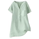 Leinenbluse Sommer Strand Kurzarm V-Ausschnitt Down Top Casual Tunika Lose Shirt 2025 Shirts für Frauen Bluse, mintgrün, L
