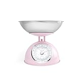 Salter Retro Pink Mechanische Küchenwaage – Leicht ablesbares großes drehbares Zifferblatt, 5 kg Kapazität, 1 Liter spülmaschinenfeste Schüssel, Analoge Lebensmittelwaage, 22 cm Höhe