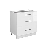 Vicco Küchenunterschrank Fame-Line, Weiß Hochglanz/Weiß, 80 cm mit 3 Schubladen, ohne Arbeitsplatte