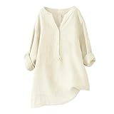 Damen-Shirt, Baumwoll-Leinen, einfarbig, 3/4-Ärmel, Sommer, Urlaub, Tunika, Tops, übergroße T-Shirts, lässiger V-Ausschnitt, Blusen I N Studio Tops, beige, 5XL