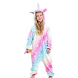 Ceruwum Einhorn Schlafoveralls für Mädchen Fleece Schlafanzug Einhorn Strampelanzug Onesie (Rosa/Blau, 3-4 Jahre)