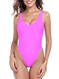 RELLECIGA Einteiliger Damen-Badeanzug mit Tanga, Neon Fuchsia, Large