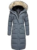 MARIKOO Damen Wintermantel Warmer Steppmantel lang mit abnehmbarem Kunstfell und Kapuze Schneesternchen Stormy Blue Gr. XL
