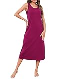 Marvmys Nachthemd Damen Ärmelloses Langes Nachtkleid Frauen Rundhalsausschnitt Nachtwäsche mit Breiten Schulterträgern und Brusttaschen