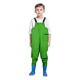 Wathose Kinder Wasserdicht mit Stiefel Jugendliche Brust Wathose mit Reißverschluss Tasche PVC Angelhose mit rutschfeste Gummistiefel Hosenträger Kinderwathose Regenhose Teichhose für Jungen Mädchen