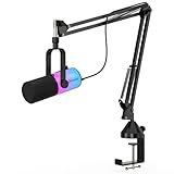 FDUCE Dynamisches USB/XLR-Gaming-Mikrofon für Podcast-Aufnahmen, PC-Computer-Gaming-Streaming-Gesangsmikrofon mit RGB-Licht, Stummschalttaste, Gain-Regler, Kopfhöreranschluss, mit Galgenarm (D20+)