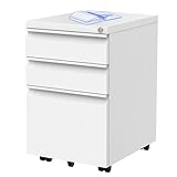 FLEXISPOT Rollcontainer, Metallschrank mit 3 Schubladen, Kommode weiß, Aktenschrank Büroschrank Schreibtisch Unterschrank für Büro Wohnzimmer Schlafzimmer mit Schlüsselschloss und Anti-Kipp-Rad