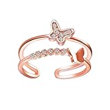 Uonlytech Damen Fingerring Schmetterling Zweilagig Verstellbar Eleganter Schmuck Ring Roségold Offene Form Modisches Accessoire für Alltag Party Geschenk