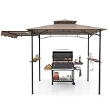 COSTWAY Grillpavillon mit Seitenmarkise, Doppeldach, 2 Seitenregalen & Haken, Gartenpavillon BBQ Pavillon, Grillüberdachungen wetterfest, Grillunterstand Garten Partys, 318x153x250 cm (Braun)