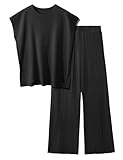 UMIPUBO Zweiteiler Damen 2 Piece Loungewear Set Freizeit Strickpullover Tops High Waist Elastische Taille Hosen Hausanzug Sets Elegant Sleepwear Outfit Elegant Freizeitanzug (Schwarz, M)