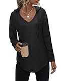 Nadeer Kapuzenpullover Damen Hoodie V Ausschnitt Sweatshirt Longshirt Pullover mit Taschen Einfarbig Waffel Oberteile für Herbst(Schwarz,XL)