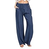 Chejarity Sommerhose Damen Leicht mit Elastischer Taille: Vintage Boho Hose High Waist & Weites Bein – Elegante YogaHose Baggy Caprihose Stretch für Freizeit und Laufen mit Taschen