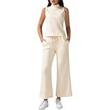 MALSSE 2-teiliges Damen-Outfit mit Tasche, ärmelloses bauchfreies Tanktop und Kordelzug, weites Bein, Loungewear-Set, solider Trainingsanzug, lässig, zwei Outfits für Damen, aprikose, M