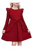 Arshiner Mädchen Kleider Rüschen Ärmel Freizeitkleid Fliege Rippstrick A-Linie Langarmkleid Festliche Herbst Winter Kleid für Kinder 6-7 Jahre Dunkelrot