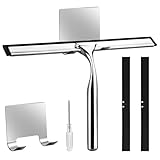 rietegio 25CM Duschabzieher mit Halterung Duschabzieher Edelstahl Handlicher Glaswischer 3 Silikonabstreiflippen und Schraubendreher Handlicher Glaswischer für Bad Küche Spiegel Auto Fenster Putzen