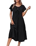 GRACE KARIN Damen-Sommerkleider 2025, lässiges Midi-Umstandskleid, kurze Ärmel, locker, fließend, plissiert, Strandkleid, Sommerkleid, Schwarz, Groß