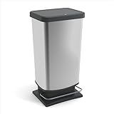 Rotho PASO Mülleimer mit Deckel 40l, stabiles Fußpedal aus Metall, Kunststoff, silber, 35,3 x 29,5 x 67,6 cm (LxBxH)