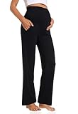 Gowjog Umstandshose Weitem Bein Damen Schwangerschaft Lässig Lose Breite Gerade Bein Lounge Hosen mit Taschen Schwangerschafts Hose (Schwarz,M)