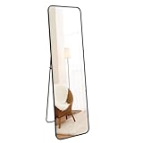 RLAVBL 140 x 40 cm Standspiegel oder Wandspiegel mit schwarzem Aluminiumrahmen, Sicherheits-Temperglas, abgerundete Ecken, für Schlafzimmer, Flur, Wohnzimmer