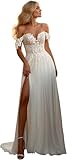 TANPAUL Brautkleider Schulterfrei Spitze Hochzeitskleider Damen Chiffon Standesamt Brautkleid mit Schlitz Elfenbein 44