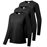 Damen Baumwolle Langarm T-Shirts Rundhalsshirt Classic-Fit Hemd Weiche Atmungsaktive Casual Tee Mode Basic Tops Schwarz/Schwarz/Schwarz-05-L