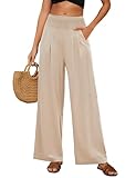 PASUDA Leinenhose Damen Sommer Hose Weites Bein Baumwolle Leinen Sommerhose Lang Elastisch Hohe Taille Freizeithose Strandhose Leichte Loose Boho Hosen mit Taschen Bequeme Stoffhose (Khaki, S)