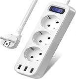 Steckdosenadapter, mit 1,5m Kabel, 3 Fach Steckdosen mit 3 USB, für Zuhause und Büro, Weiß
