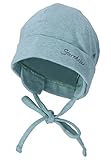 Sterntaler OCS Beanie mit Umschlag – Mütze aus Melange-Singlejersey (Bio) mit Ohrenklappen, Bindeband & Stickmotiv – Unisex Baby Übergangsmütze – steingrün, Gr. 43