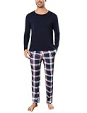 Uniexcosm Schlafanzug Herren Zweiteiliger Lang Baumwolle Pyjama Set Nachtwäsche Langarm Oberteil und Karierte Schlafanzughose Sleepwear Hausanzug Stil 1:Dunkelblau XL