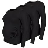 Umstandsshirt 3er Set unifarben Umstandsmode Schwangerschaft Schwangerschaftsshirt, Langarm (3 Schwarz, Medium)