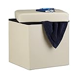 Relaxdays Faltbarer Sitzhocker, Sitzcube mit Stauraum u. Deckel, Fußablage, Sitzwürfel Kunstleder, 38x38x38 cm, creme