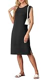 GRECERELLE Damen Sommer Midikleid lässiges Hemdkleid ärmellos mit Seitenschlitz & Taschen - Elegante Midi-Länge (Schwarz, M)
