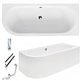 ECOLAM® Badewanne Avita 170x75 cm Schürze | Wanne für Zwei Personen | Eckwanne Modern Design | Eckbadewanne rechts + Ablaufgarnitur Ab- und Überlauf Automatik Füße + Silikon Komplett-Set Acryl weiß