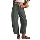 NAJZYBA Cordhose Damen Casual High Waist Tapered Hose Baumwoll 7/8 Gerades Bein Hosen Einfarbig Freizeithosen mit Taschen (Dunkelgrün,L)