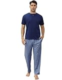 TeJoyce Schlafanzug Herren Lang Baumwolle Pyjama Set Kurzarm Rundhals Zweiteiliger Schlafanzughose Lang mit Elastischem Bund Nachtwäsche Sommer Sleepwear