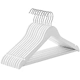 SONGMICS Kleiderbügel Holz, 10er Set, Bügel aus Massivholz, Einkerbungen im Schulterbereich, Rutschfester Hosensteg, um 360° drehbarer Haken, für Anzüge, Hemden, weiß CRW03W10
