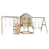 Wendi Toys M27L-Gym Spielhaus Kinder Outdoor mit Gymnastikgerüst & Schaukel, 197 x 563 x 242 cm, Grün, FSC Holz – Stelzenhaus mit Reckstange, Kletternetz & Doppelschaukel für Garten Abenteuer