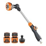 LangRay Gießstab Gartenbrause Gartenschlauch Brause 47cm zur Bewässerung und Reinigung, 8 Spritzmustern Verstellbarer Gartenspritze mit 2 Schlauchverbinder 1/2 Zoll und 1 Düse