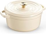 Overmont Bräter Emailliert Gusseisen Topf - Dutch Oven 26cm backofengeeignet mit Deckel und Kochbuch - für Braten Küche Backen Schmoren Weiß