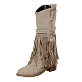 Fransen-Cowboystiefel für Damen, klobige High-Heel-Stiefel, Schuhe, mittelhohe Wade, Cowgirl-Stiefel mit Schnalle, modische Motorrad-Westernstiefel, leichte Outdoor-Schuhe, große Quaste, lange Stiefel